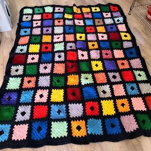 Vintage Granny Square Cottagecore Wool Colorful Crochet Throw Blanket 62 x 56